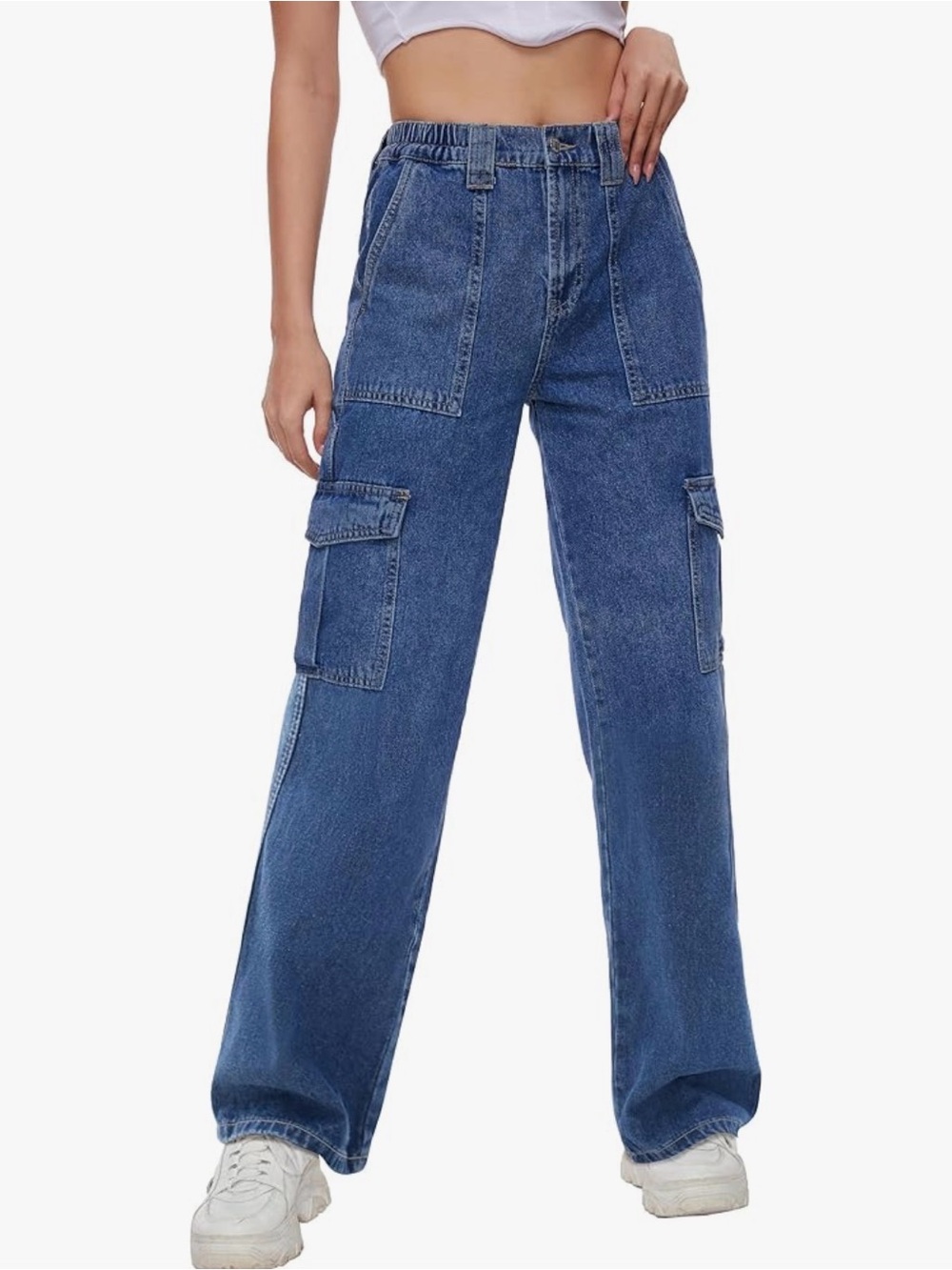 High-Rise Wide-Leg Cargo Jeans - Blue
